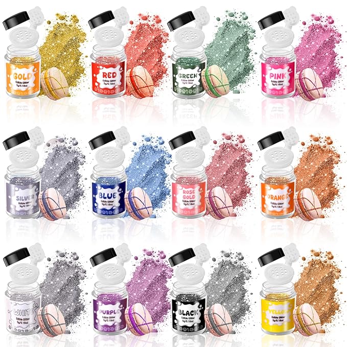 12 Colors Edible Glitter Set for Cocktails - Luster Dust Edible, Food Grade Shimmer Sprinkle Powder for Cakes, Drinks, Wines, Beer, Candy, Cookie, Chocolate, Fondant, Vegan Decoration (5g/Bottle)