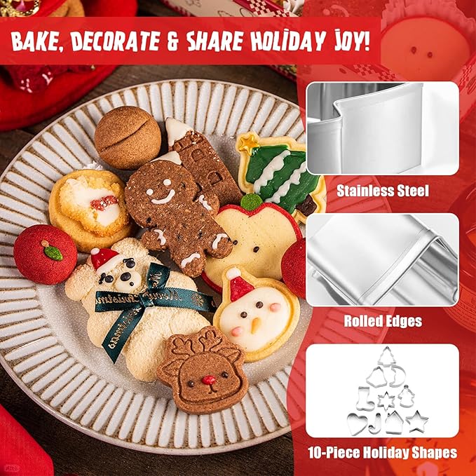 Christmas Cookie Cutter Set 10 Pack Small Stainless Steel Holiday Shapes (Boots, Bells, Candy Canes, Trees, etc.) for DIY Baking Decorations, Cookies, Fondant, Gingerbread, Holiday Gifts