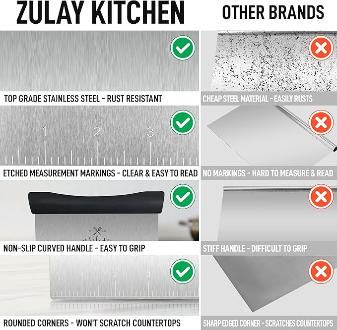 Zulay Premium Multi-purpose Stainless Steel Bench Scraper & Chopper, Easy to Read Etched Markings for Perfect Cuts, Quick & Easy Multi-use Dough Scraper, Dough Cutter & Pastry Scraper (Black)