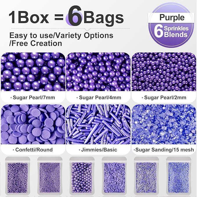 HUEBEATY 6-in-1 Purple Edible Pearls Sprinkles, Sanding Sugar for Cake Decorating, Cupcakes, Cookies & Ice Cream - 180g, Edible Mardi Gras, Halloween & Mermaid Purple Cake Sprinkles and Decorations