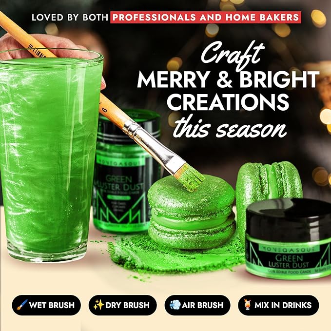 MONÉGASQUE Green Edible Glitter for Drinks 7g – Christmas Edible Glitter for Cakes & Cocktails – Green Luster Dust for Drinks – Drink & Cake Decorations Dust Spray – Cocktail & Drink Shimmer Sparkles