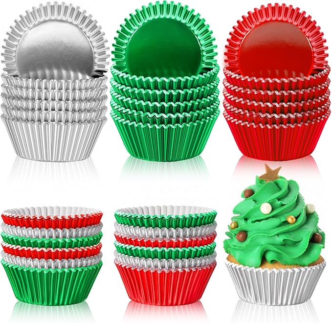 Mumufy 300 Count Christmas Foil Cupcake Liners 2 Inch Cupcake Wrappers Paper Bake Cup Set Foil Muffin Liners for Independence Day Christmas Party Supplies(Green, Red, Sliver)