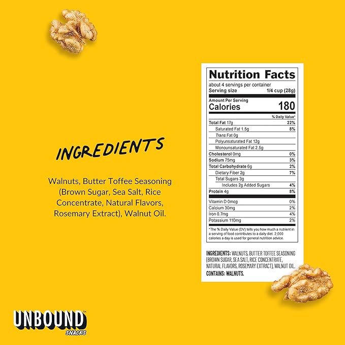 Unbound Snacks Flavored Nuts - Butter Toffee Walnuts, 4 oz (Pack of 4) - Healthy Snacks, 4g Protein, 3g Sugar, High in Omega 3, Gluten Free, Vegan - Freshly Roasted & Seasoned Gourmet Walnut Halves