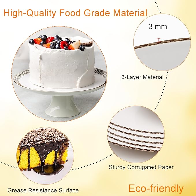 8 Inch White Round Cake Boards - Circle Cardboard Base, Sturdy Corrugated, Disposable Plates 12-Pack