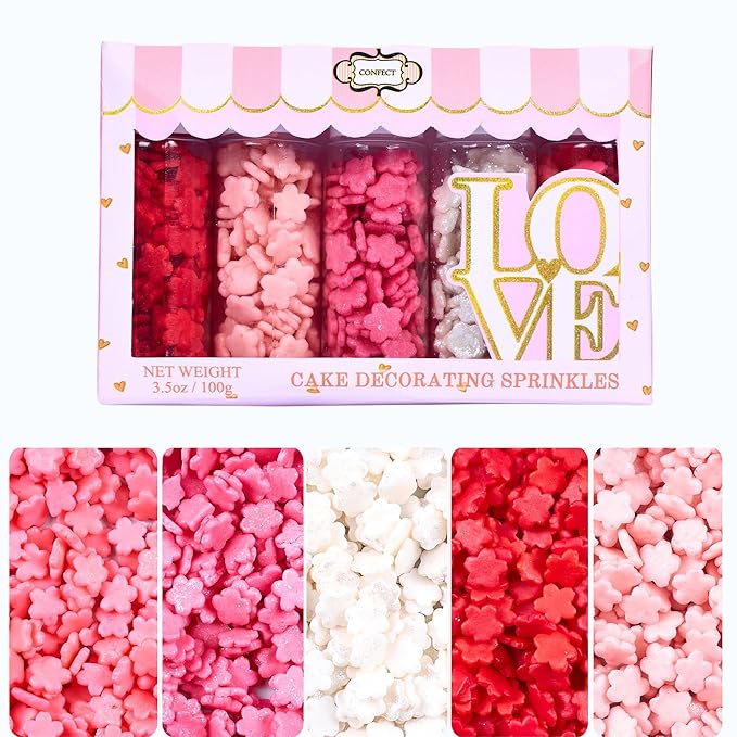 Confect Pink, Red & White Flowers sprinkles | Anniversary Sprinkle | Sprinkles for Baking & Cake Decorative | Cookie sprinkles | Edible sprinkle-Mix Pack of 5 -Vegan, Gluten-Free, Nut-Free, Soy-Free, Dairy-Free, Palm Oil-Free -5 Oz