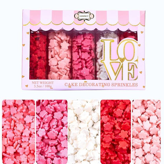 Confect Pink, Red & White Flowers sprinkles | Anniversary Sprinkle | Sprinkles for Baking & Cake Decorative | Cookie sprinkles | Edible sprinkle-Mix Pack of 5 -Vegan, Gluten-Free, Nut-Free, Soy-Free, Dairy-Free, Palm Oil-Free -5 Oz