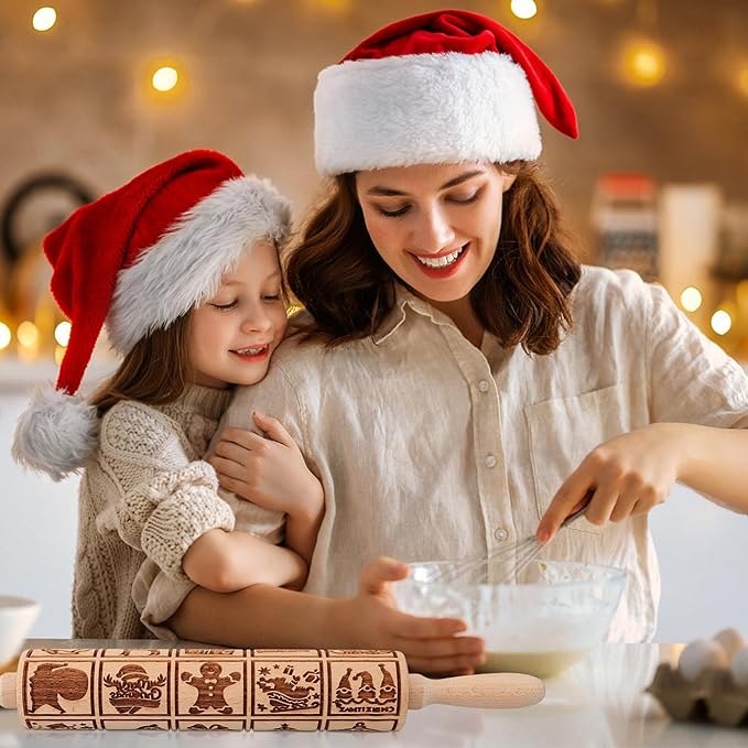 17" Premium Wooden Rolling Pins for Baking with Christmas Embossed Designs | 3mm Deep Springerle Cookie Molds | Christmas Rolling Pin & Baking Gifts for Women | Includes 3-in-1 Cleaning Brush