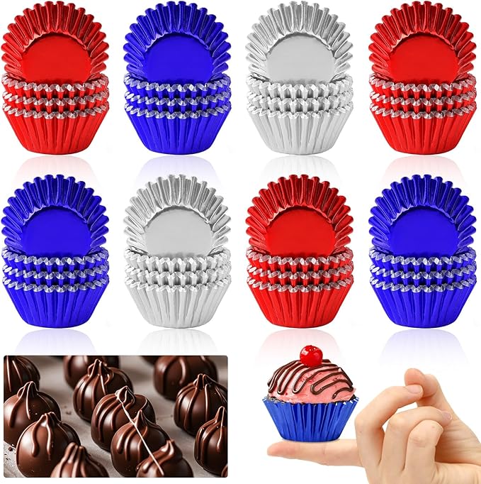 AUGSUN 400pcs 4th of July Mini Foil Cupcake Liners Cupcake Red Blue Silver Mini Muffin Cupcake Wrappers for Patriotic Independence Day Holiday Birthday Veterans Party Cake Candy Chocolate Decorations
