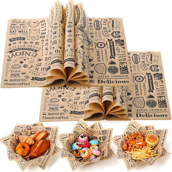 200 Pcs Deli Wax Paper Sheets 15 x 15 Inch Large Newsprint Sandwich Paper Wraps Greaseproof Food Basket Liners Newspaper Wrapping Square for Halloween Christmas Burger Bread BBQ Picnic (Brown Black)