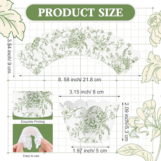Domensi 100 Pcs Cupcake Wrappers Rustic Cupcake Liners Baking Cups Baking Liners for Wedding Bridal Baby Shower Birthday Party Supplies Dessert Decoration(Green, Floral)