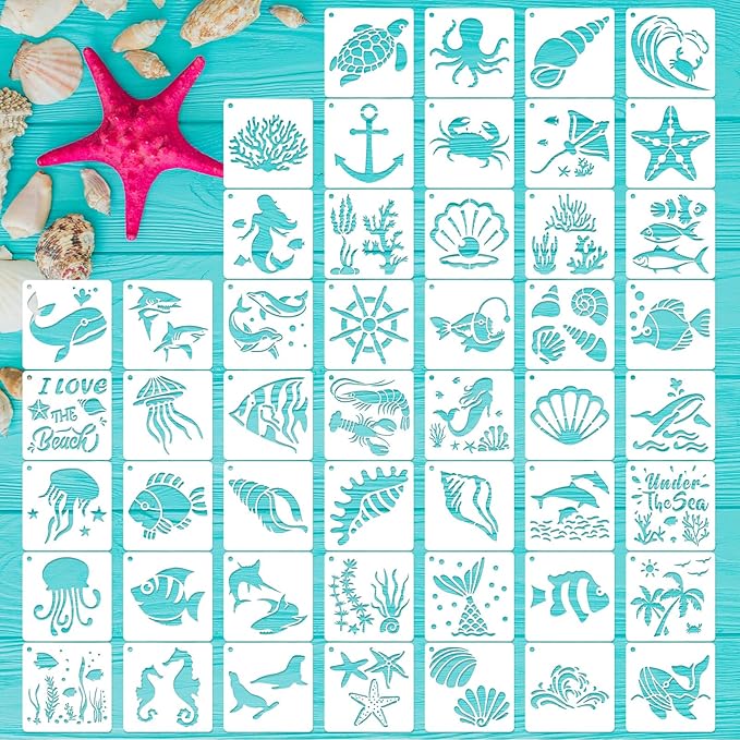 50 PCS Ocean Animal Painting Stencils Reusable Sea Stencils for Painting on Wood Rocks Canvas Fabric Glass Pottery 4x4 Inch