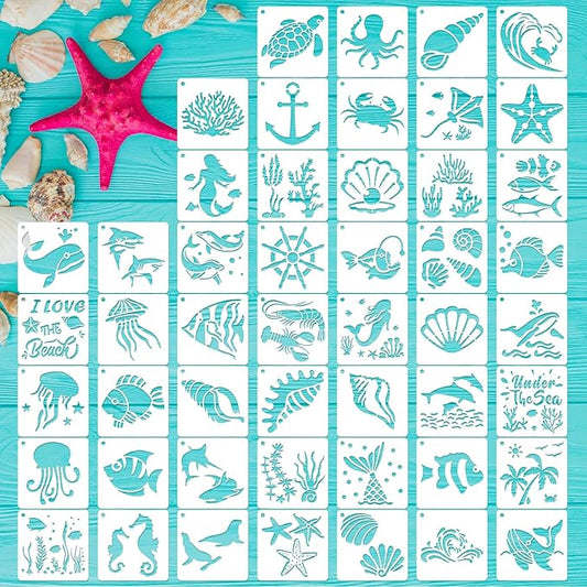 50 PCS Ocean Animal Painting Stencils Reusable Sea Stencils for Painting on Wood Rocks Canvas Fabric Glass Pottery 4x4 Inch