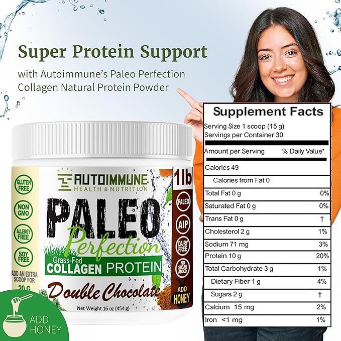 Paleo Perfection Double Chocolate Grass Fed Beef Collagen Protein Powder without Stevia - Paleo, Keto, SCD, AIP Protein Powder w/ Apple Fiber, Carrot, Broccoli - 1lb Protein Powder & Superfood Blend