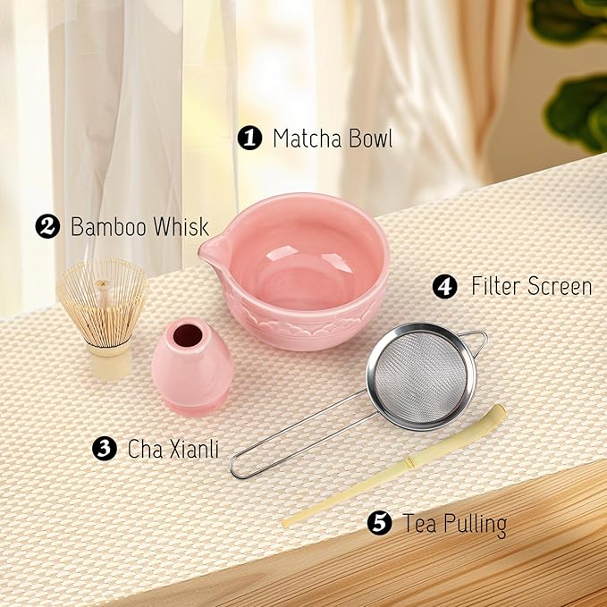 5Pcs Ceramic Matcha Set Pink, Matcha Whisk Set, Tea Set Includes Matcha Bowl 560ml/18.9oz, Matcha Whisk and Holder, Sifter, Bamboo Tascoop