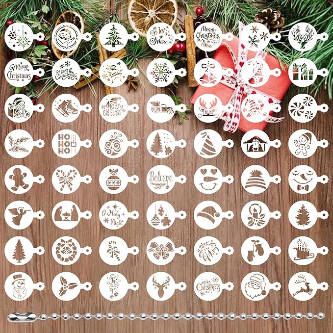 56 Pcs Christmas Stencils for Cookie & Cake Decorating, Reusable Holiday Baking Templates for Royal Icing, Coffee, Cupcake & Dessert Decoration Supplies (Christmas)