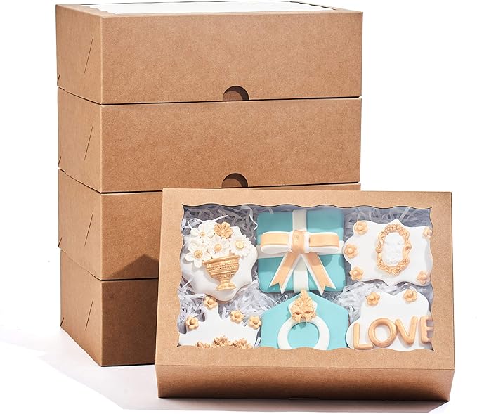 24PCS 10 x 7 x 2.5 inches Professional One Piece Strawberries Boxes, Cookies Boxes with With Clear Window for Visibility, Brown Natural Kraft Paper Box