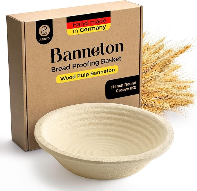 11" Round Wood Pulp Banneton Bread Proofing Basket – 2.2LB Brotform, Grooved Pattern – Non-Stick Natural Wood Pulp Pressed for Durability – Made in Germany Proofing Baskets for Sourdough Bread Baking