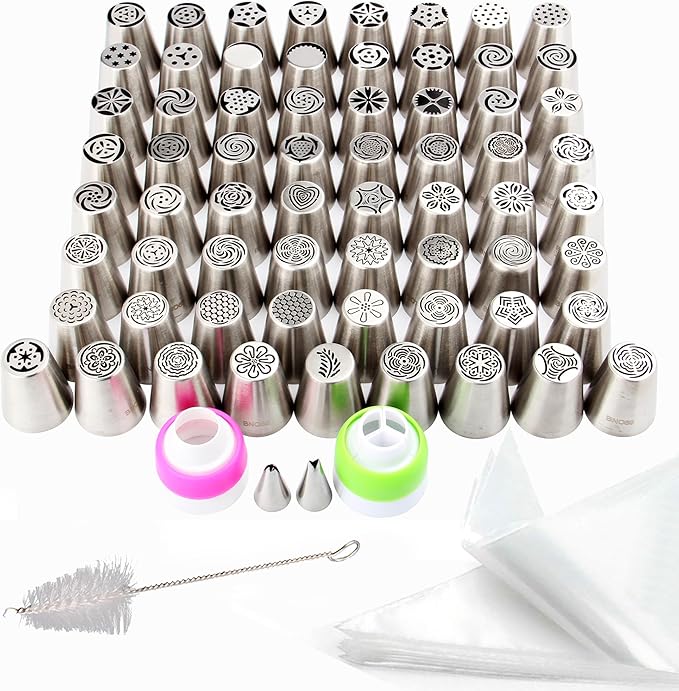 65 Pieces Stainless Steel Large Russian Piping Tips Kit,1 Cleaning Brush,2 Plastic Coupler,2 Leaf Icing Tip,10 Pastry Bags,Cupcake Dessert Baking Tools for Cake Decorations
