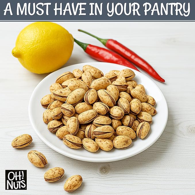 Oh! Nuts Spiced Pistachios with Chili Lemon Flavor, 2 LB – Bold & Tangy Snack, Tajin-Style Seasoning, Chili Roasted Nuts – Packed in Freshness-Sealed Resealable Bag