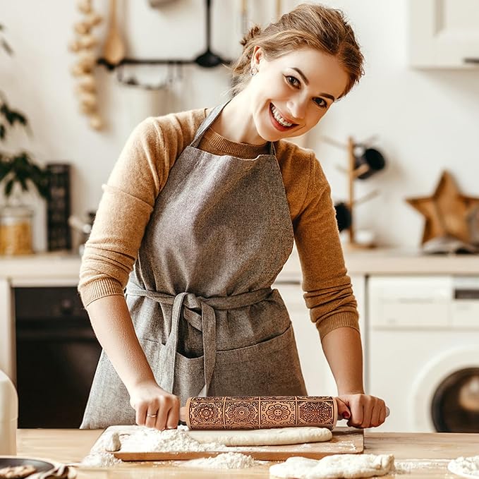 17" Premium Wooden Rolling Pins for Baking with European Embossed Designs | 3mm Deep Springerle Cookie Molds | Christmas Rolling Pin & Baking Gifts for Women | Includes 3-in-1 Cleaning Brush