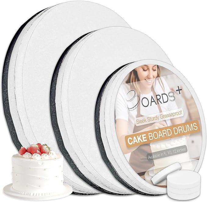 BOARDS+ 9 Pack Cake Board Drums 8, 10 & 12 Inch in White, Silver & Black Color | 1/2" Thick CakeBoard Circle Rounds + Free Prop Up Tools | Fully Greaseproof, Sturdy for Heavy/Tiered Cakes