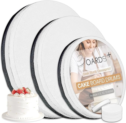 BOARDS+ 9 Pack Cake Board Drums 8, 10 & 12 Inch in White, Silver & Black Color | 1/2" Thick CakeBoard Circle Rounds + Free Prop Up Tools | Fully Greaseproof, Sturdy for Heavy/Tiered Cakes