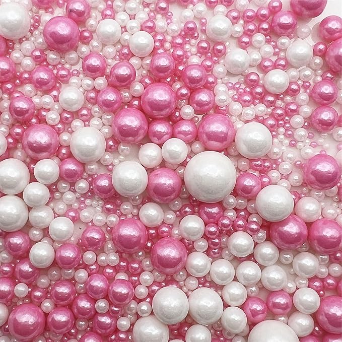 SE Si&Moos White and Hot Pink Pearl Sprinkles for Cake Decorating Edible Cake Cookie Pearls Cupcake Decorations Hot Pink and White Sprinkles for Cake, Cupcake, Cookies Party Holiday Christmas Supplies 3.5 OZ