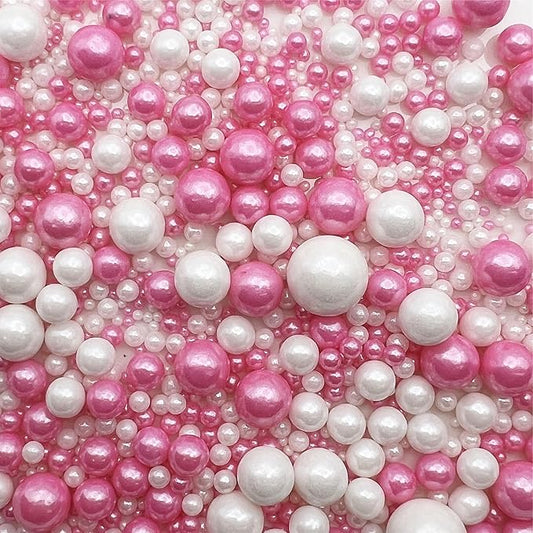SE Si&Moos White and Hot Pink Pearl Sprinkles for Cake Decorating Edible Cake Cookie Pearls Cupcake Decorations Hot Pink and White Sprinkles for Cake, Cupcake, Cookies Party Holiday Christmas Supplies 3.5 OZ