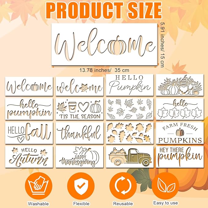 Dunzy 16 Pcs Thanksgiving Stencils for Door Mats Crafts Reusable Hello Welcome Templates Large Hello Stencil for Painting on Wood Sign Wall Doormat DIY Project