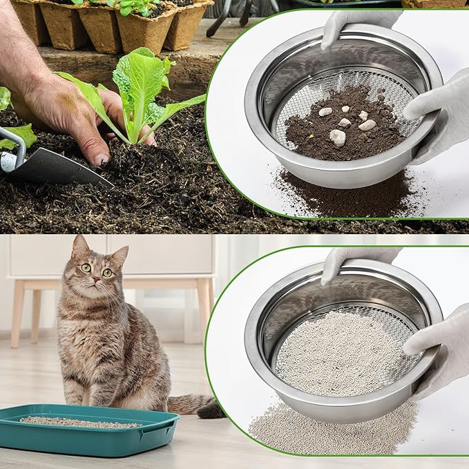 Soil Sifter Garden Soil Sieve Stainless Steel Sieve Set, with 3 Interchangeable Filter Mesh-3,6,9mm Sieve for for Dirt, Sand, Rock, Filtration, Compost