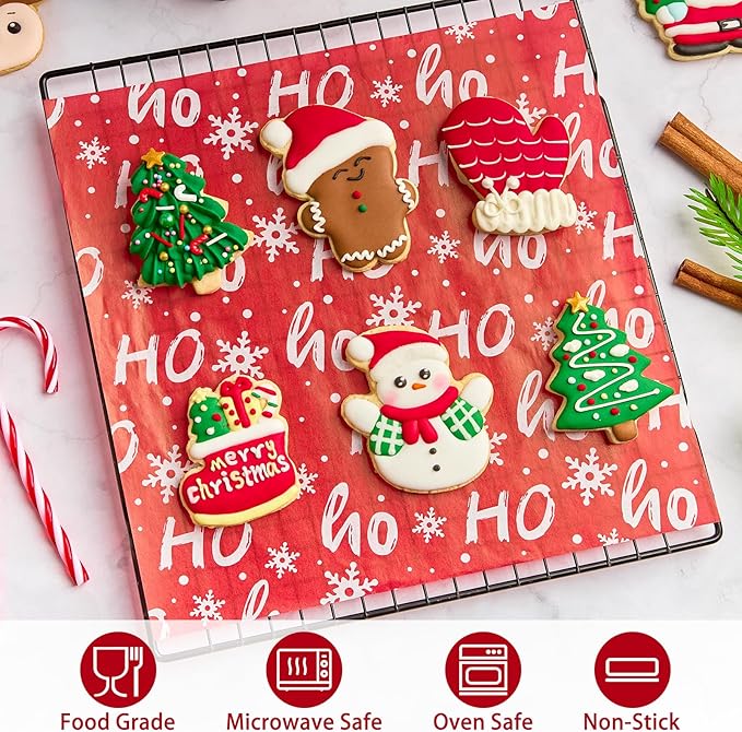 Zezzxu 100 Sheets Wax Paper for Food, Red Ho Ho Parchment Paper for Cookie Box Deli Wrapping Grease Resistant Basket Liners (9.8 x 9.8 Inches)