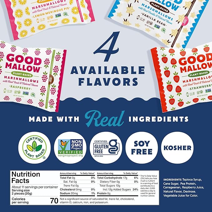 GoodMallow Vegan Marshmallows - Large Kosher Gluten Free Dairy Free Healthy Marshmallows - Natural Gelatin Free for Hot Chocolate, Smores, Baking - Nothing Artificial