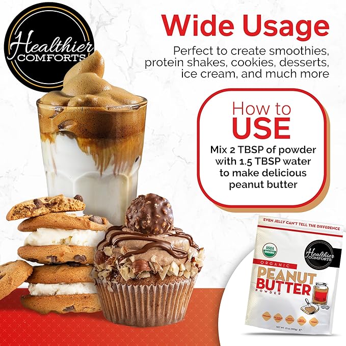 Healthier Comforts Organic Peanut Butter Powder | USA Grown and Processed | Gluten Free, Vegan, Kosher, Keto-Friendly | No Added Sugars, Low Sodium | Perfect For Protein Powder Shakes, Smoothies and Baking (21 oz)