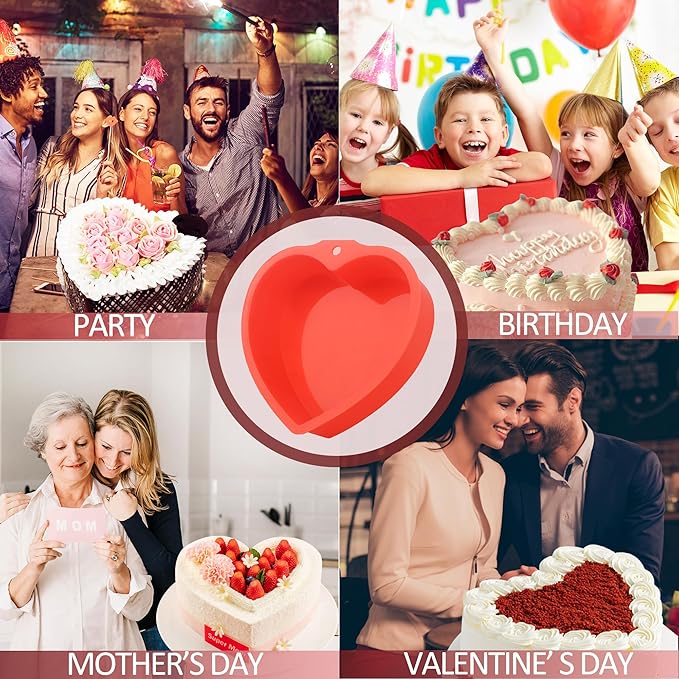 MILIVIXAY 2PCS Heart Shaped Cake Pans, 4 Inch Cake Mold, Red, Thin Style, Completely Non Stick, Food Grade Silicone, Easy To Store and Wash, Microwave, Freezer and Oven Safe.
