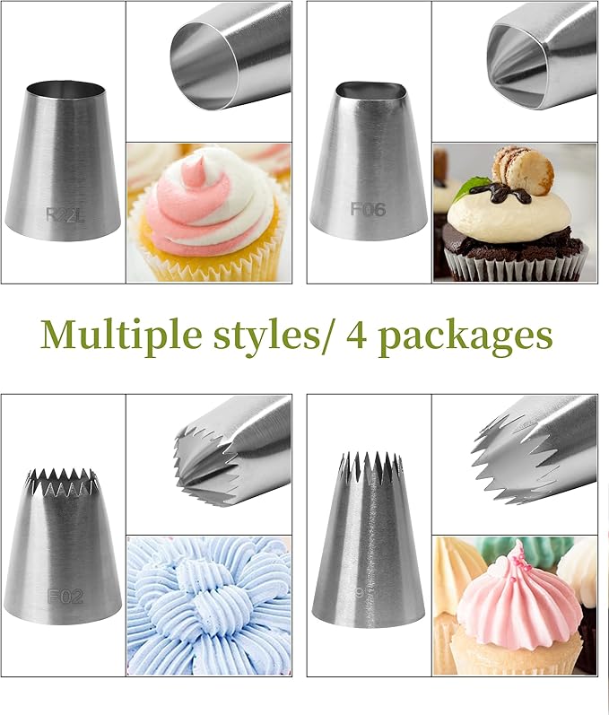 4Pcs X-Large Stainless Steel Square Round Piping Nozzles Set,Stainless Steel Icing Nozzles Piping Kit for Cake Decorating,Piping Tips Set