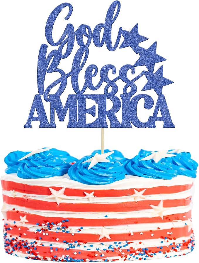 1Pc God Bless America Cake Topper Blue Glitter Independence Day Cake Decorations for USA Patriotic Happy 4th of July American National Day Party Supplies