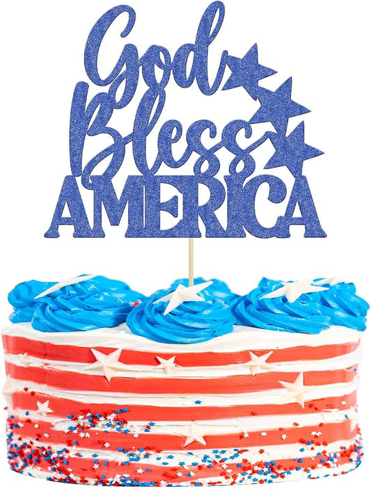 1Pc God Bless America Cake Topper Blue Glitter Independence Day Cake Decorations for USA Patriotic Happy 4th of July American National Day Party Supplies