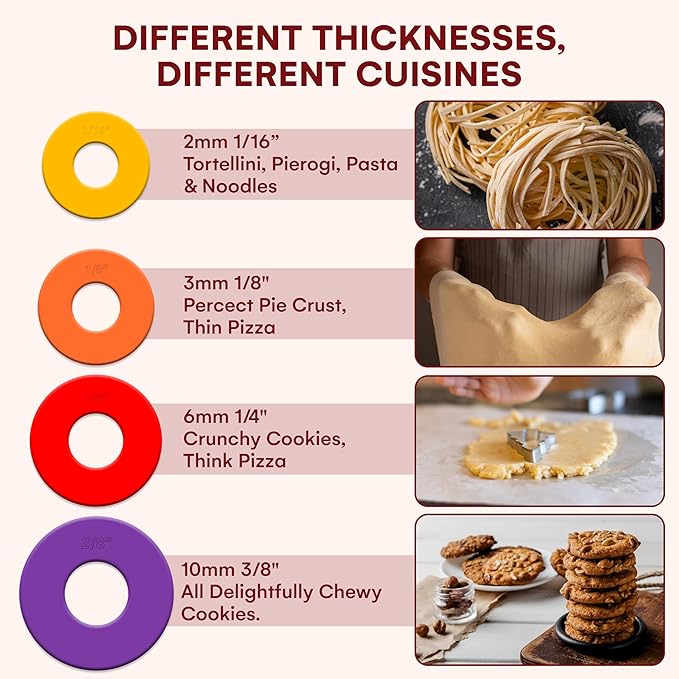Kitchtic Rolling Pin with Thickness Rings - Adjustable Wooden Rolling Pin - Baking Essential and Roller Tool - Consistent Thickness - Easy to Clean - Beechwood Material - 13.7 x 2.75 x 2.75 inches