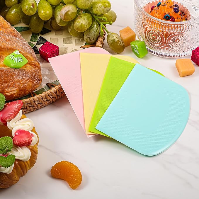 24 Pcs Bench Scraper Dough Scraper for Baking, BPA Free PE Flexible Bowl Scrapers, Food-Safe Plastic Dough Cutter Tool for Bread Cake Fondant Icing (Light Blue, Green, Yellow, Pink)