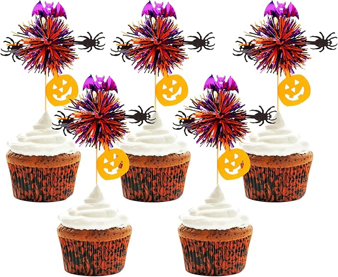 24pcs Halloween Foil Firework Cupcake Toppers Happy Halloween Theme Cupcake Picks Decoration Cocktail Fruit Toothpick for Fall Party
