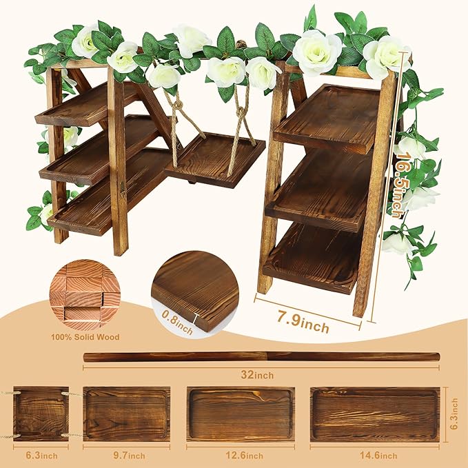 3 Tier Cupcake Stand with Swing and Flower,Wooden Cupcake Display Stand Set,Removable Trays and Foldable Stand for Cake Snack Fruit Chips Bread, Table Display at Birthday Wedding Party Home Decor