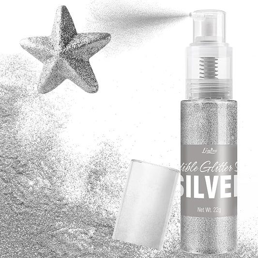 Edible Glitter Spray - 22g Edible Luster Dust Metallic Food Grade Glitter for Drinks, Cake Decorating, Baking - Edible Food Coloring Powder Shimmer Glitter for Cocktail, Icing, Candy (Silver)