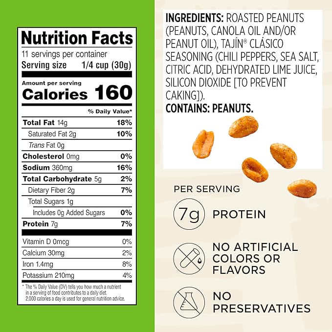 Snak Club Tajin Peanuts, Roasted Nuts with Chili and Lime Seasoning, Mild, Gluten-Free and Kosher Snacks, No Artificial Colors or Flavors, No Preservatives, 12 oz Resealable Bag