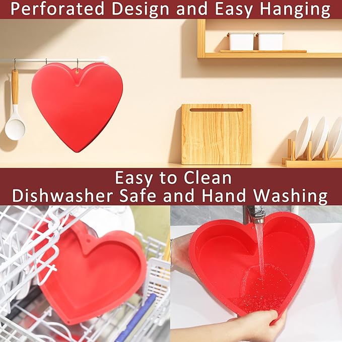 MILIVIXAY 2PCS Heart Shaped Cake Pans, 10 Inch Cake Mold, Red, Thick Style, Completely Non Stick, Food Grade Silicone, Easy To Store and Wash, Microwave, Freezer and Oven Safe.