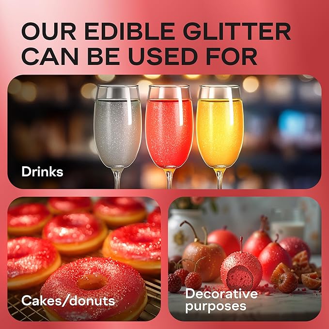 Bakeebake Edible Glitter 15g - Edible Glitter for Drinks & Desserts - Gluten Free Cake Decorating – Tasteless Vegan Drink Cocktails and Parties (Red, 15 grams)