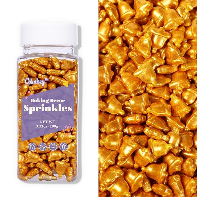 Christmas Bells Sprinkles for Cake Decorating, Gold Bells Sprinkles Perfect for Cupcake Toppers Wedding Party Valentines Halloween Christmas Supplies 3.52 Ounce