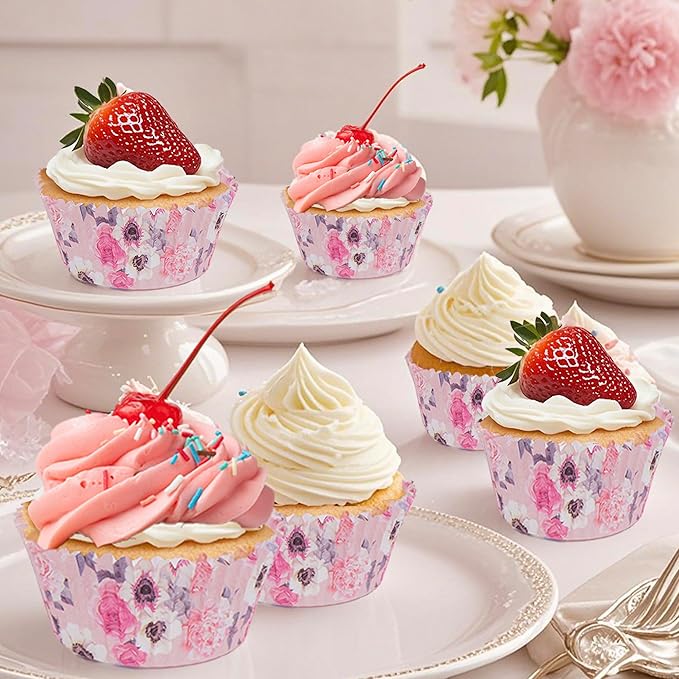 Floral Standard Cupcake Liners 400 Count Paper Baking Cups Food Grade Disposable Cupcake Wrappers, Pink