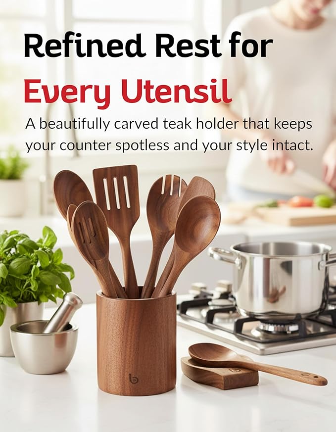 Teak Wood Utensil Set – Premium Natural Wooden Cooking Tools for Nonstick Cookware, Stirring & Serving – Durable, Non-Toxic Kitchen Spatulas (12)