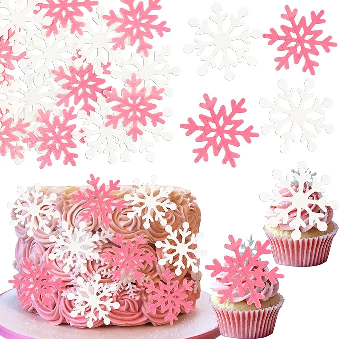 Gyufise 60Pcs Edible Snowflake Cupcake Toppers Winter Cupcake Picks Water Paper Winter Frozen Cake Decorations for Snowflake Theme Baby Shower Kids Birthday Party Supplies Pink White