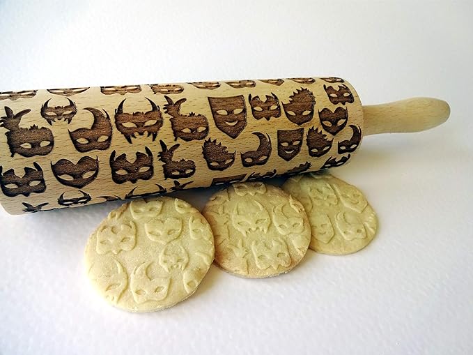 Embossing Rolling Pin CARNIVAL MASKS. Laser Engraved Rolling pin with MASKS Carnival - Gift for friend by Algis Crafts